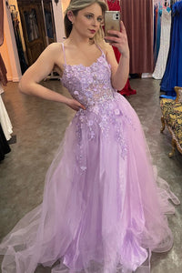Lilac Appliques Straps A-line Long Prom Dress