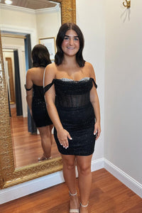 Black Beaded Off-the-Shoulder Sheath Homecoming Dress
