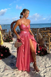 Straps Pink Ruched Metallic Cutout A-line Party Dress