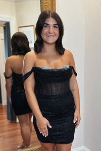 Black Beaded Off-the-Shoulder Sheath Homecoming Dress
