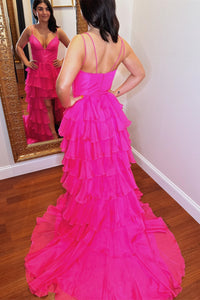 Fuchsia Double Straps Deep V Multi-Layers Chiffon Hi-Low Prom Dress