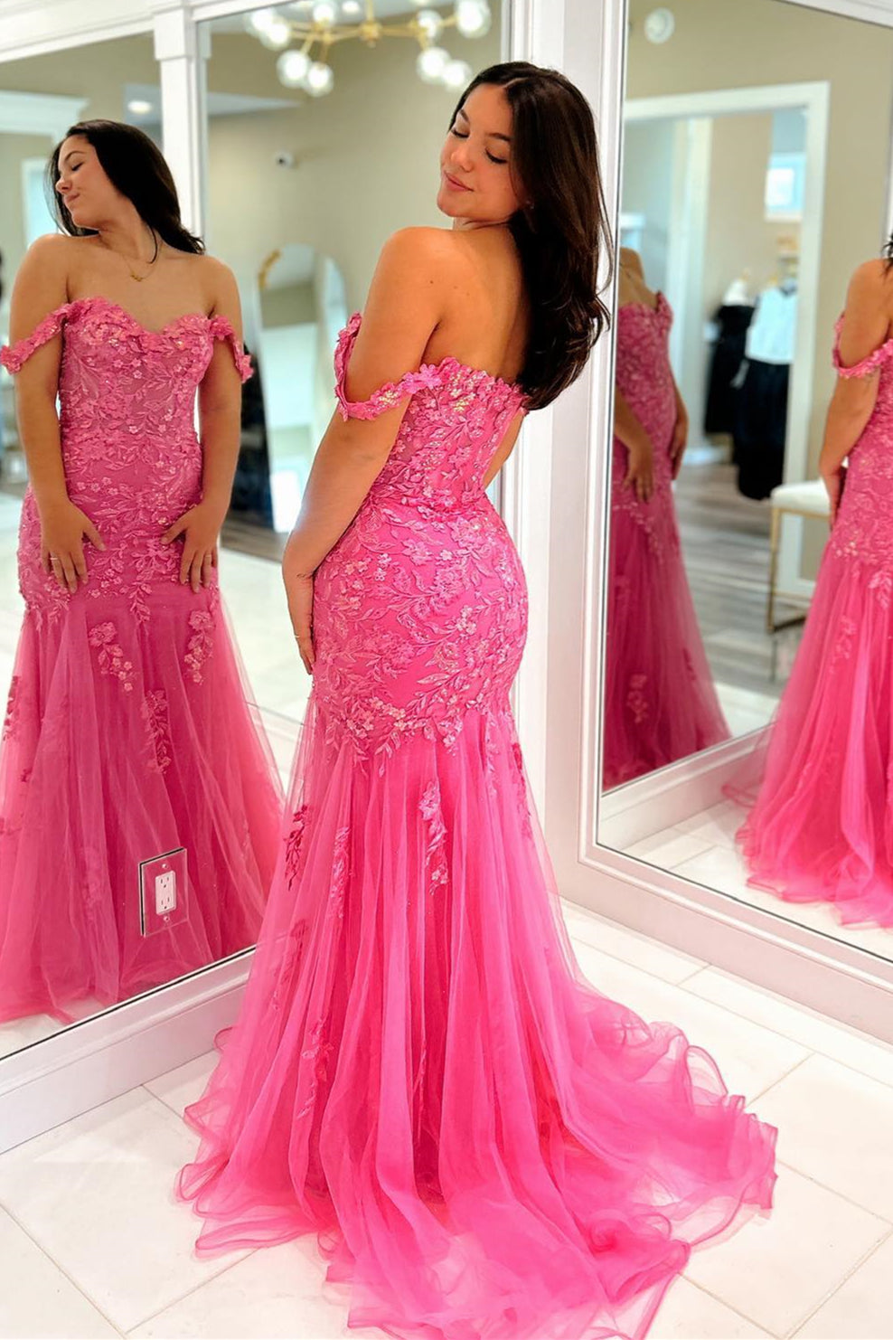 Pink Off-Shoulder Floral Appliques Mermaid Long Prom Dress