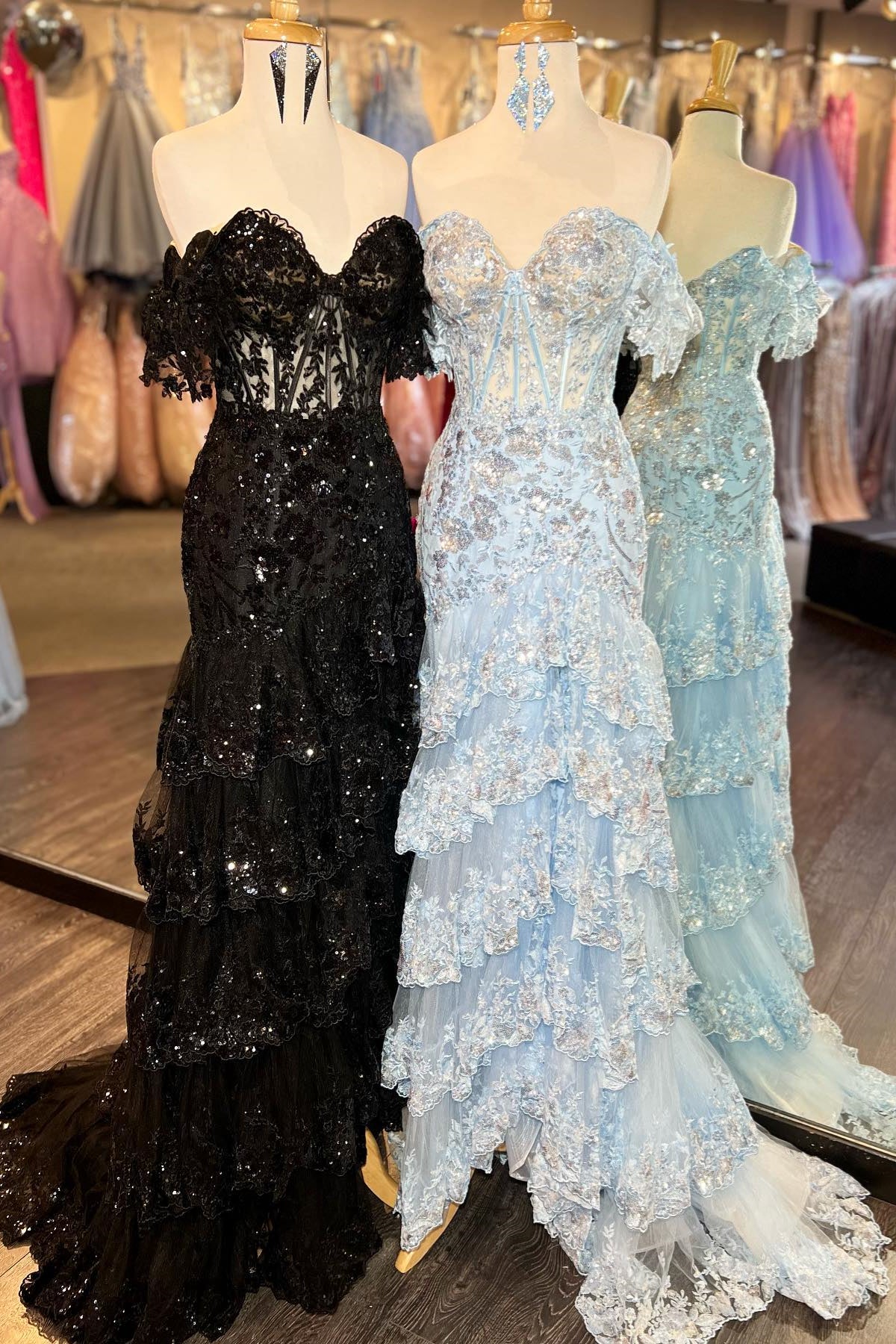 Black & Light Blue & Sky Blue Off-the-Shoulder Sequined Appliques Multi-Layers Long Prom Dress with Slit