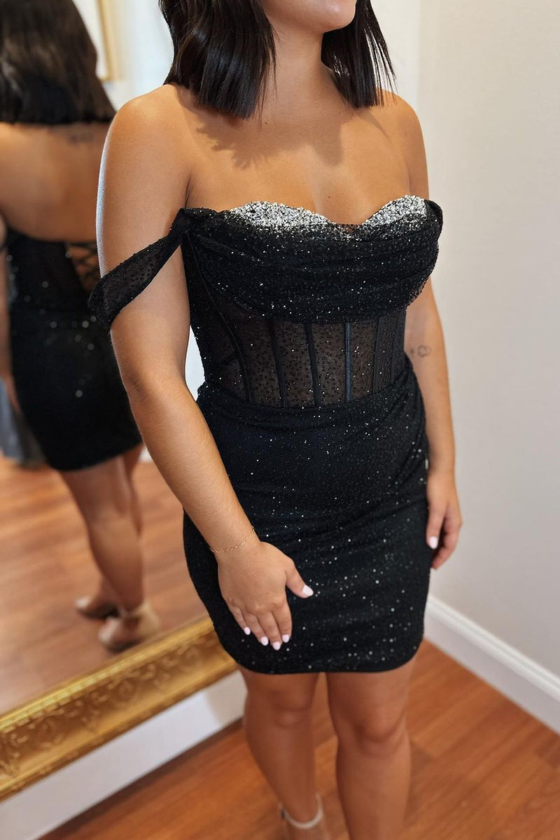 Black Beaded Off-the-Shoulder Sheath Homecoming Dress