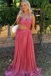 Straps Pink Ruched Metallic Cutout A-line Party Dress