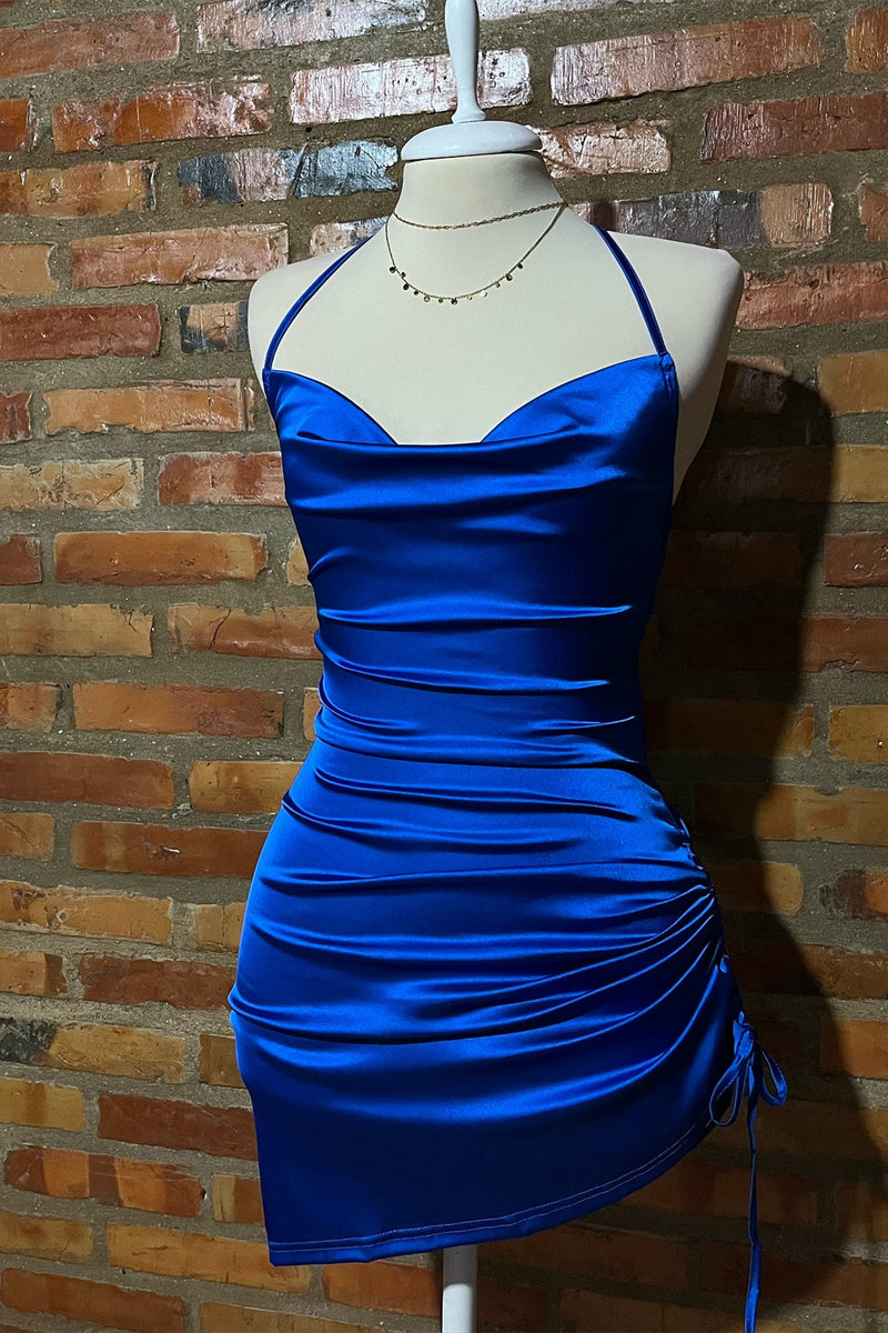 Royal Blue  Halter Ruched Lace-up Back Dress