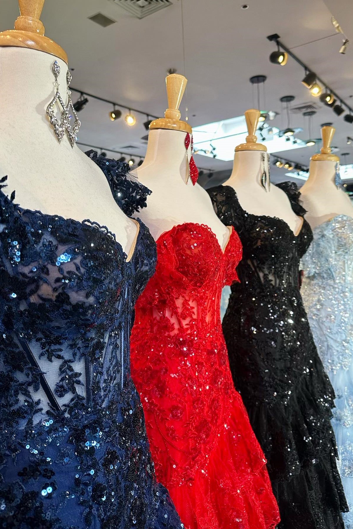 Dark Navy & Red & Black & Light Blue Off-the-Shoulder Sequined Appliques Multi-Layers Long Prom Dress with Slit