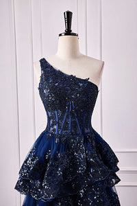 Dark Navy One Shoulder Floral Layers A-line Long Prom Dress with Slit
