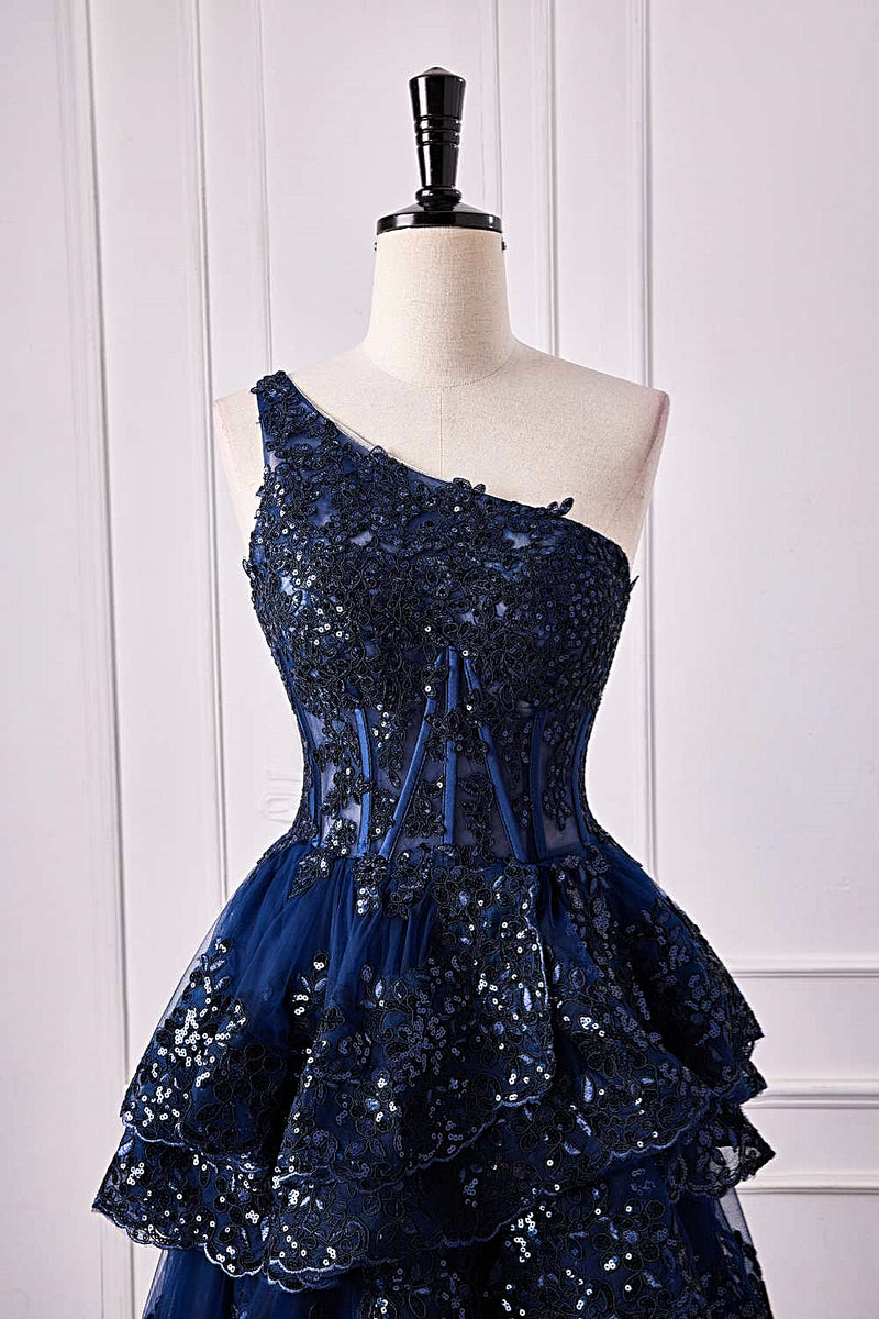 Dark Navy One Shoulder Floral Layers A-line Long Prom Dress with Slit