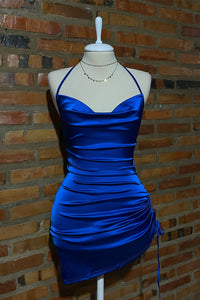 Royal Blue  Halter Ruched Lace-up Back Dress