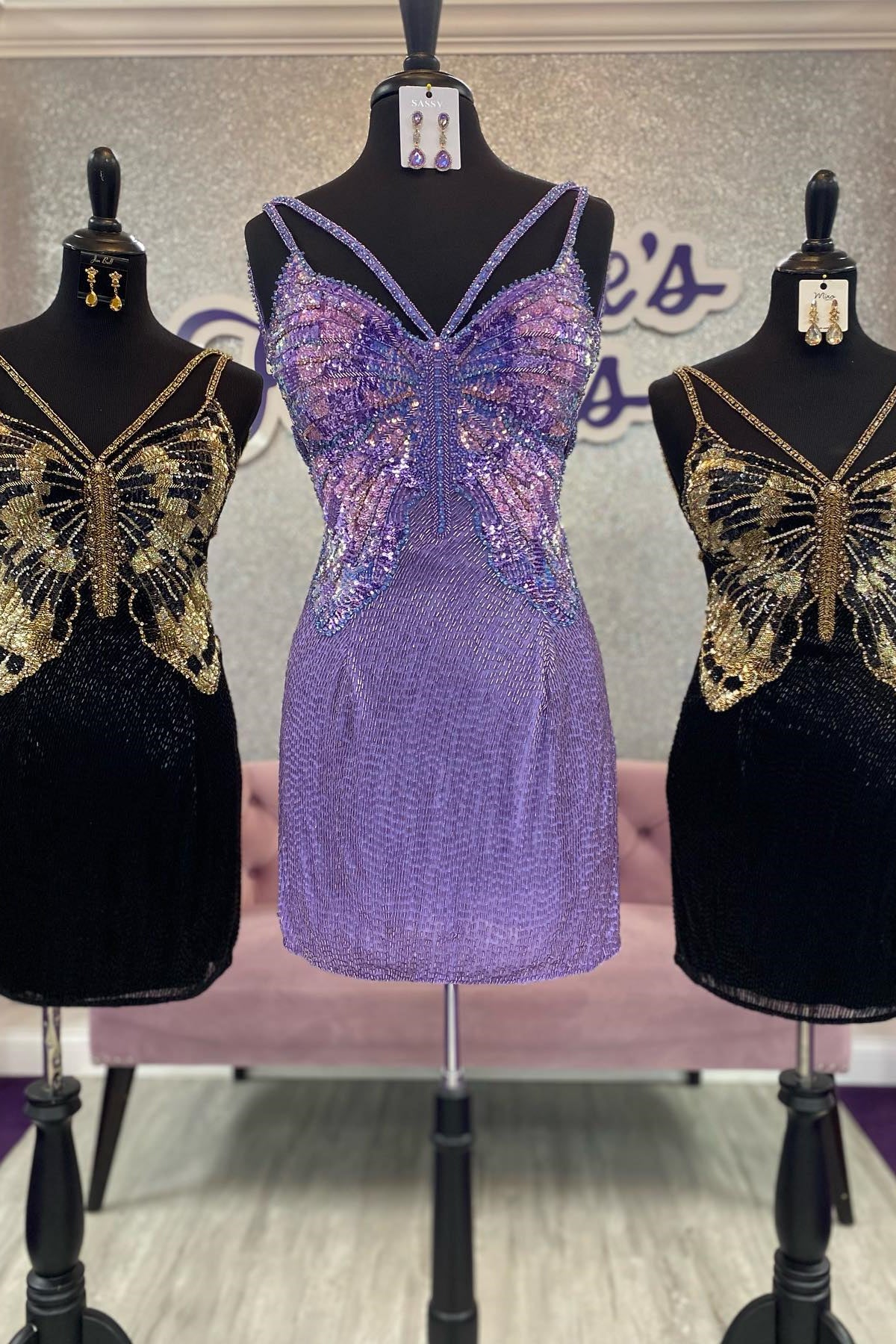 Purple Butterfly Tulle Beaded Straps Homecoming Dress