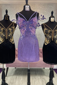 Purple Butterfly Tulle Beaded Straps Homecoming Dress