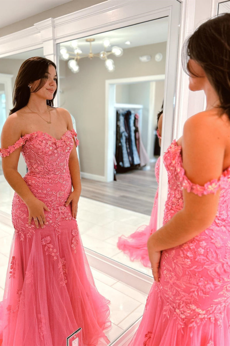 Pink Off-Shoulder Floral Appliques Mermaid Long Prom Dress