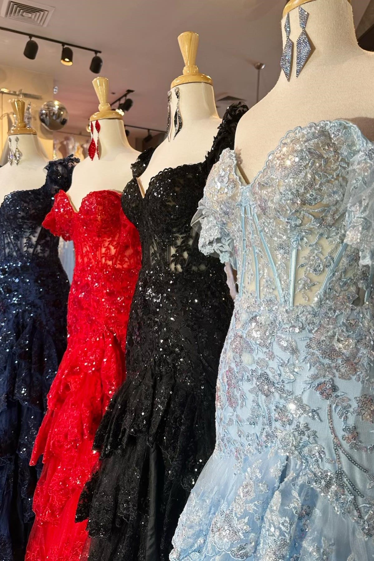 Dark Navy & Red & Black & Light Blue Off-the-Shoulder Sequined Appliques Multi-Layers Long Prom Dress with Slit