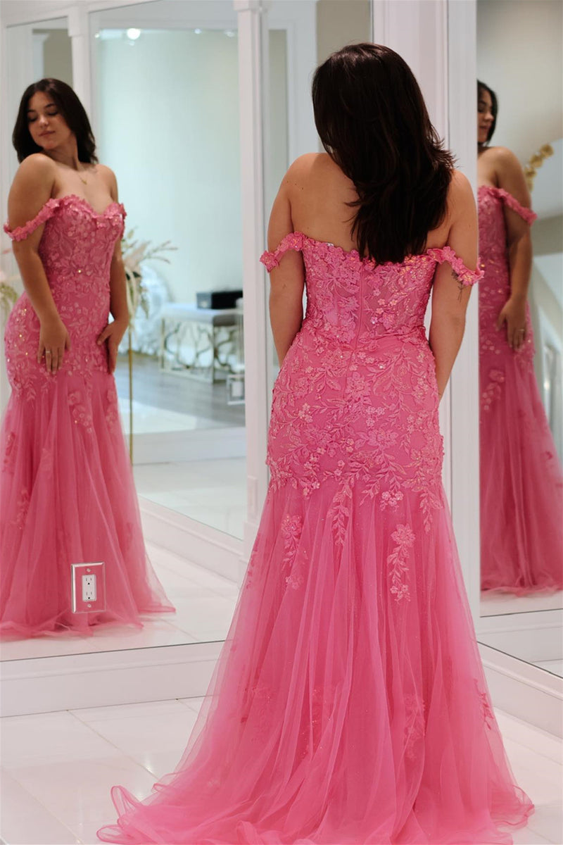 Pink Off-Shoulder Floral Appliques Mermaid Long Prom Dress