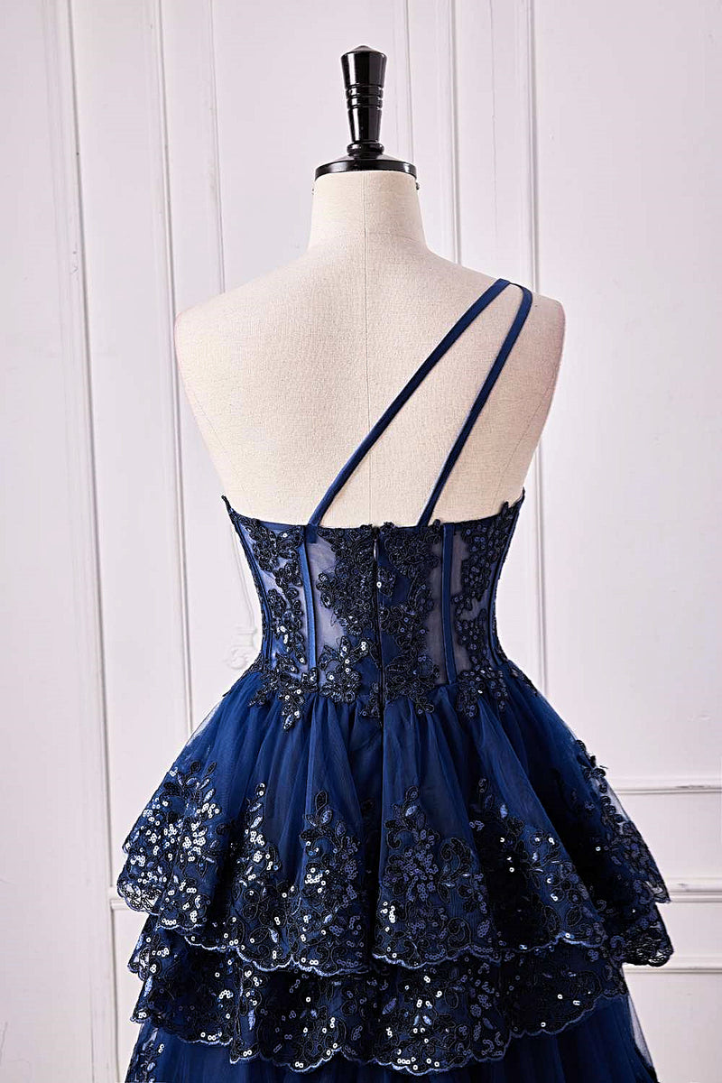 Dark Navy One Shoulder Floral Layers A-line Long Prom Dress with Slit