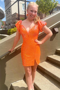 Orange Sequins V Neck Sheath Homecoming Dress
