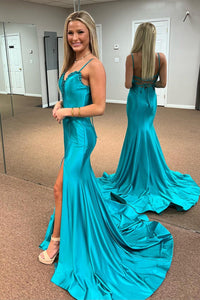 Fuchsia Ruffled Plunging V Mermaid Satin Long Prom Dress with Slit