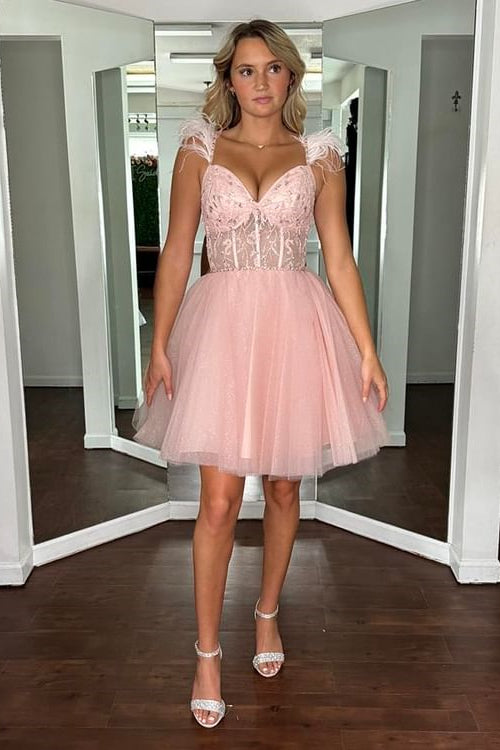 Red Feather Straps A-line Appliques Homecoming Dress