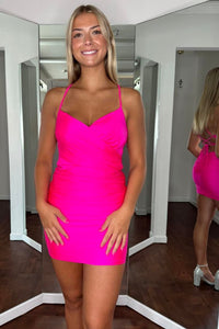 Fuchsia Lace-Up Sheath Satin Homecoming Dress