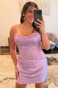 Strapless Pink Appliques Ruched Tight Mini Dress