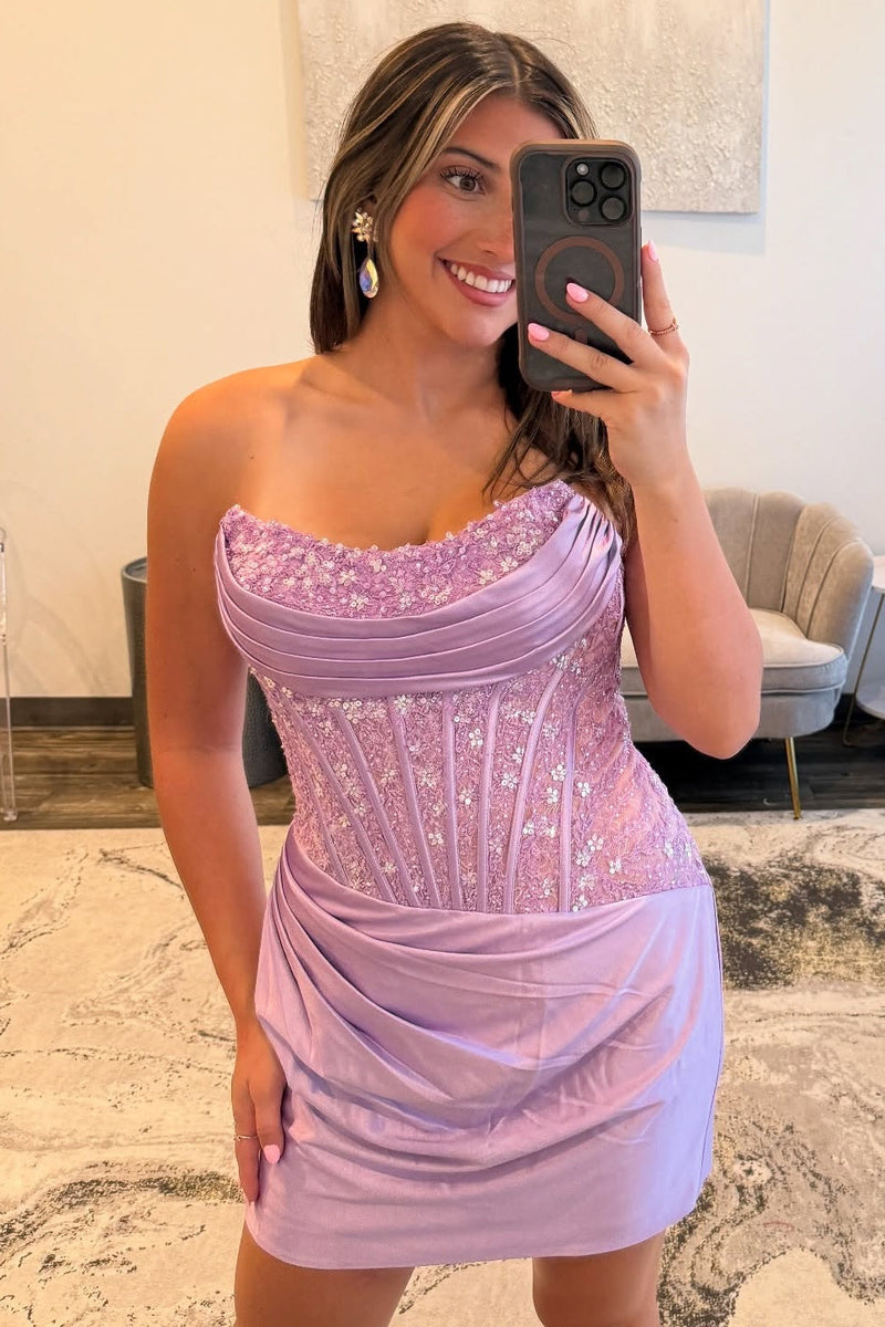 Strapless Pink Appliques Ruched Tight Mini Dress