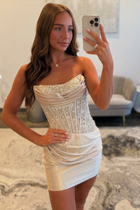 Strapless Pink Appliques Ruched Tight Mini Dress