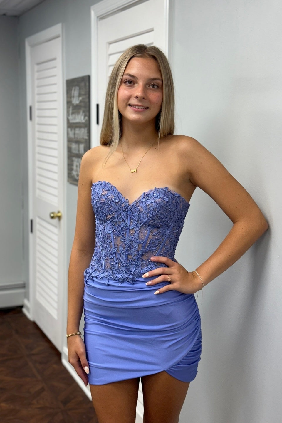 Periwinkle Appliques Ruched Tight Cocktail Dress