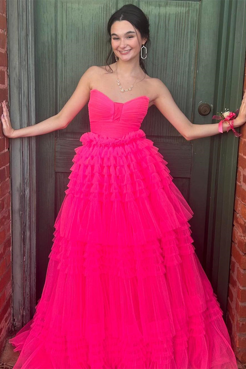 Fuchsia Strapless Pleated Ruffle-Layers Long Prom Dress