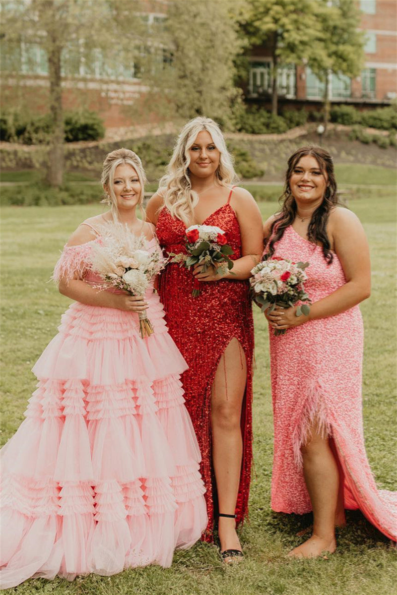 Pink Off-the-Shoulder Feathers Multi-Layers Long Prom Dress with Slit