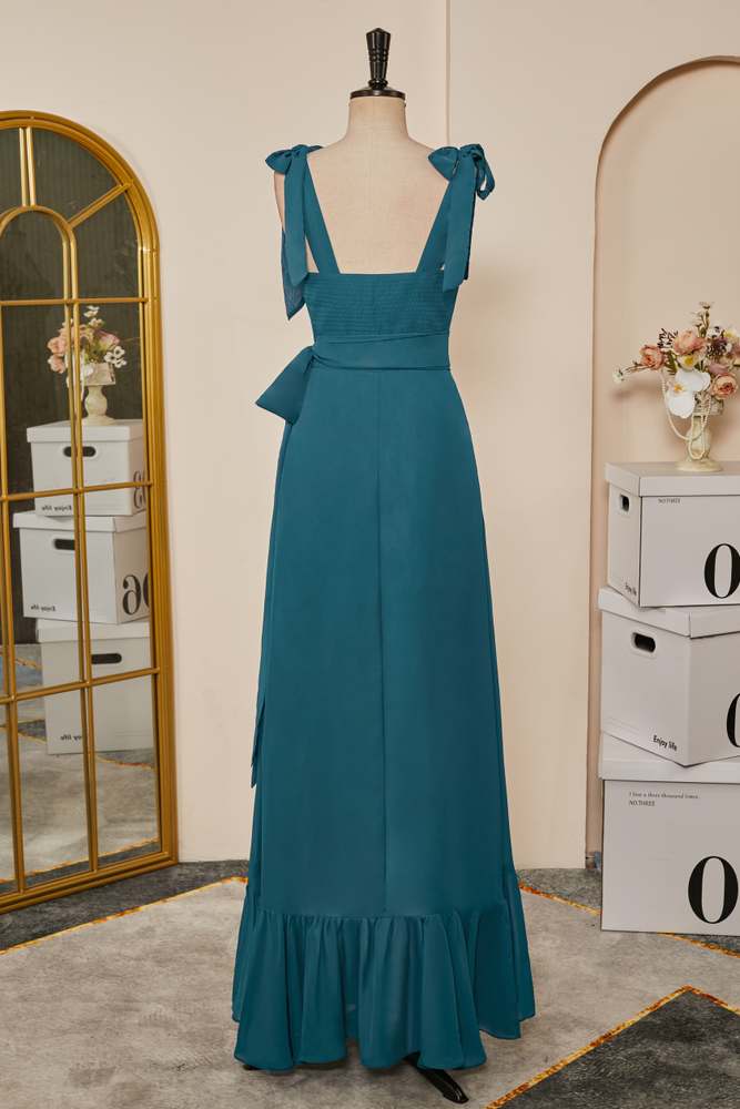 Teal Bow Tie Straps A-line Chiffon Long Bridesmaid Dress with Sash