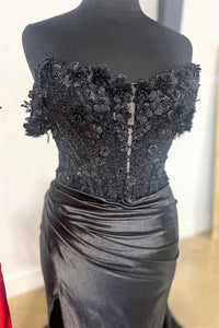 Black Off-Shoulder Floral Mermaid Long Prom Dress with Slit