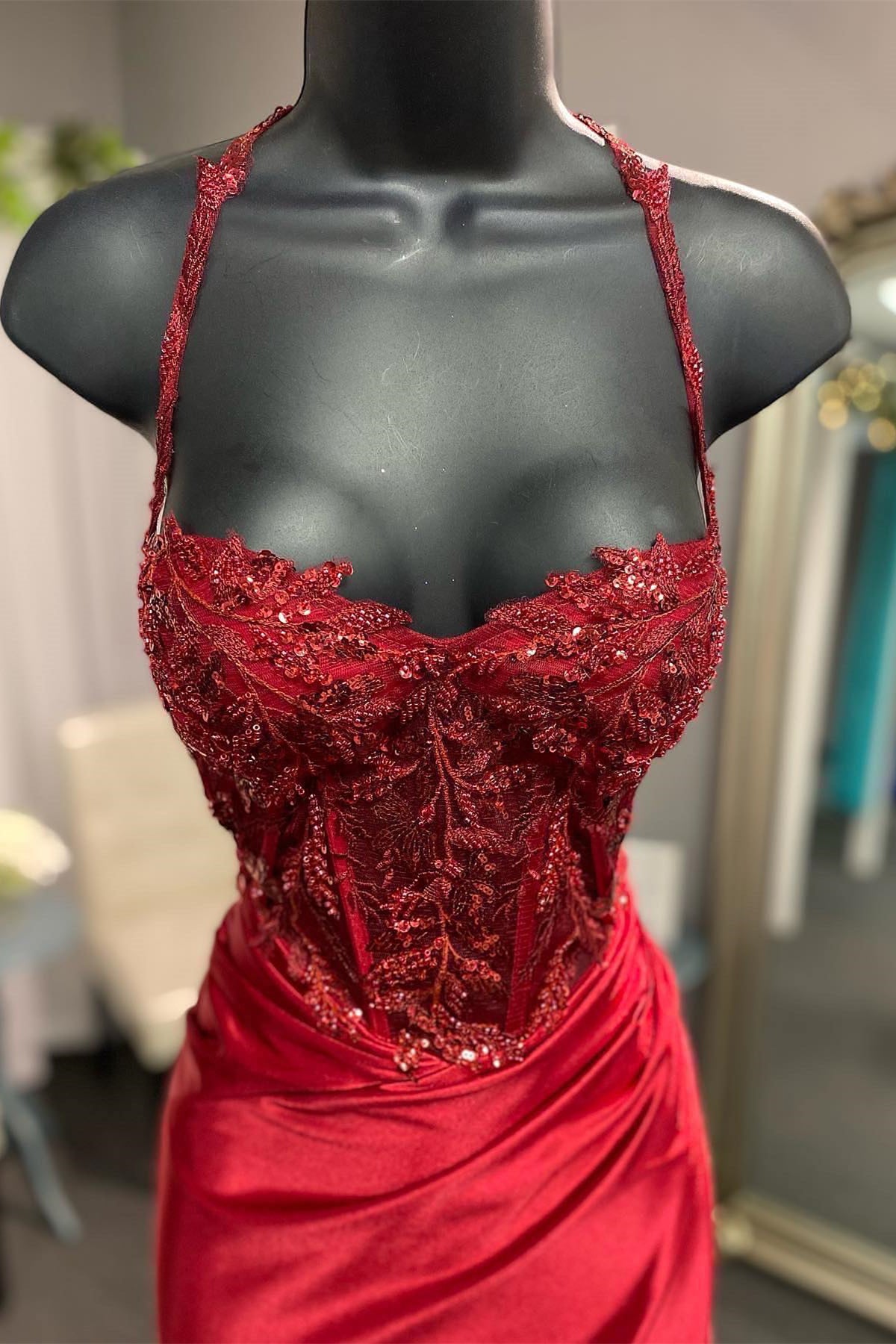 Red Straps Appliques Mermaid Satin Long Prom Dress with Slit