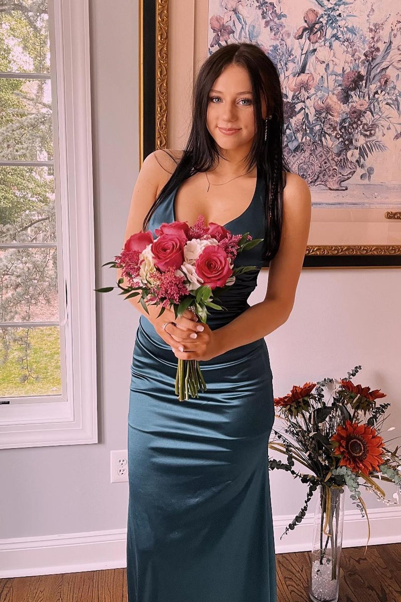 Burgundy V Neck Satin Fitted Long Formal Dress