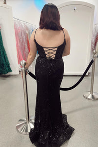 Black Lace-Up Sequins Mermaid Deep V Neck Long Prom Dress with Slit