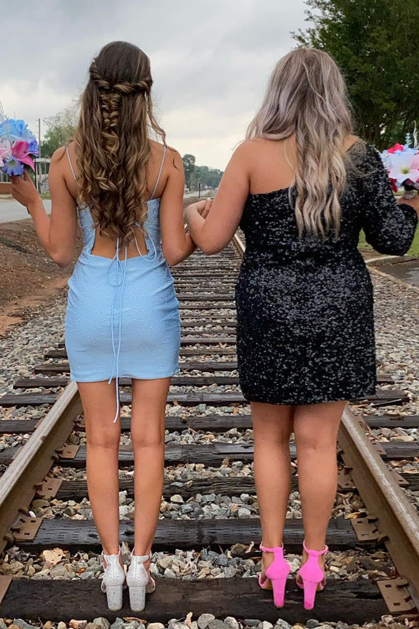 Blue Sheath Lace-Up Deep V Neck Beaded Homecoming Dress