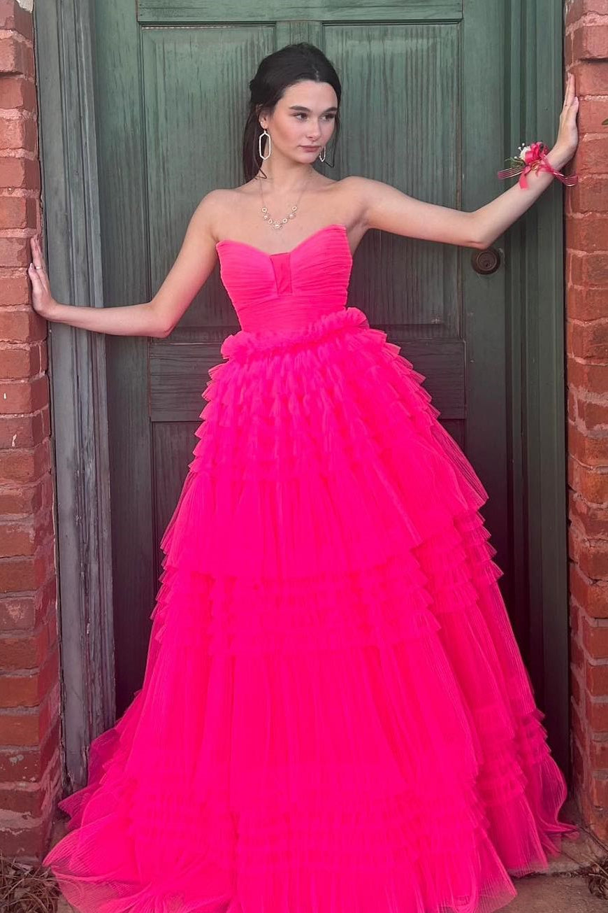 Fuchsia Strapless Pleated Ruffle-Layers Long Prom Dress