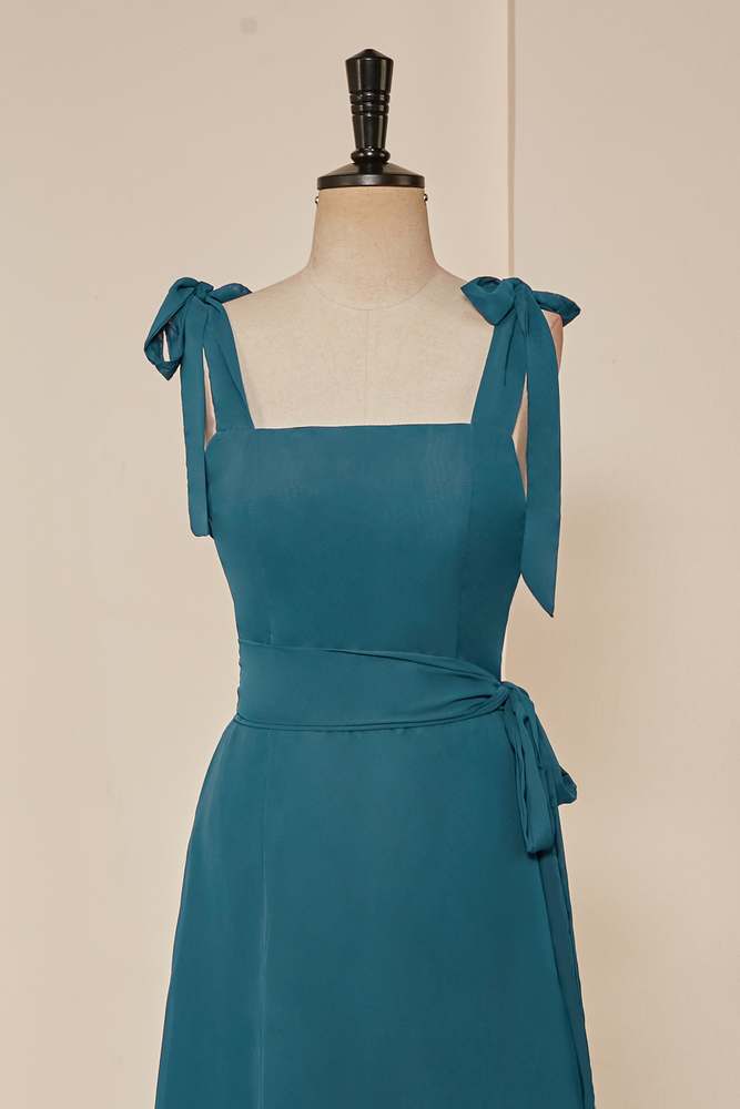 Teal Bow Tie Straps A-line Chiffon Long Bridesmaid Dress with Sash