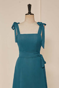 Teal Bow Tie Straps A-line Chiffon Long Bridesmaid Dress with Sash