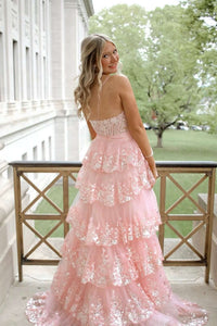 Straps Pink Sequin Appliques Ruffle A-line Formal Dress