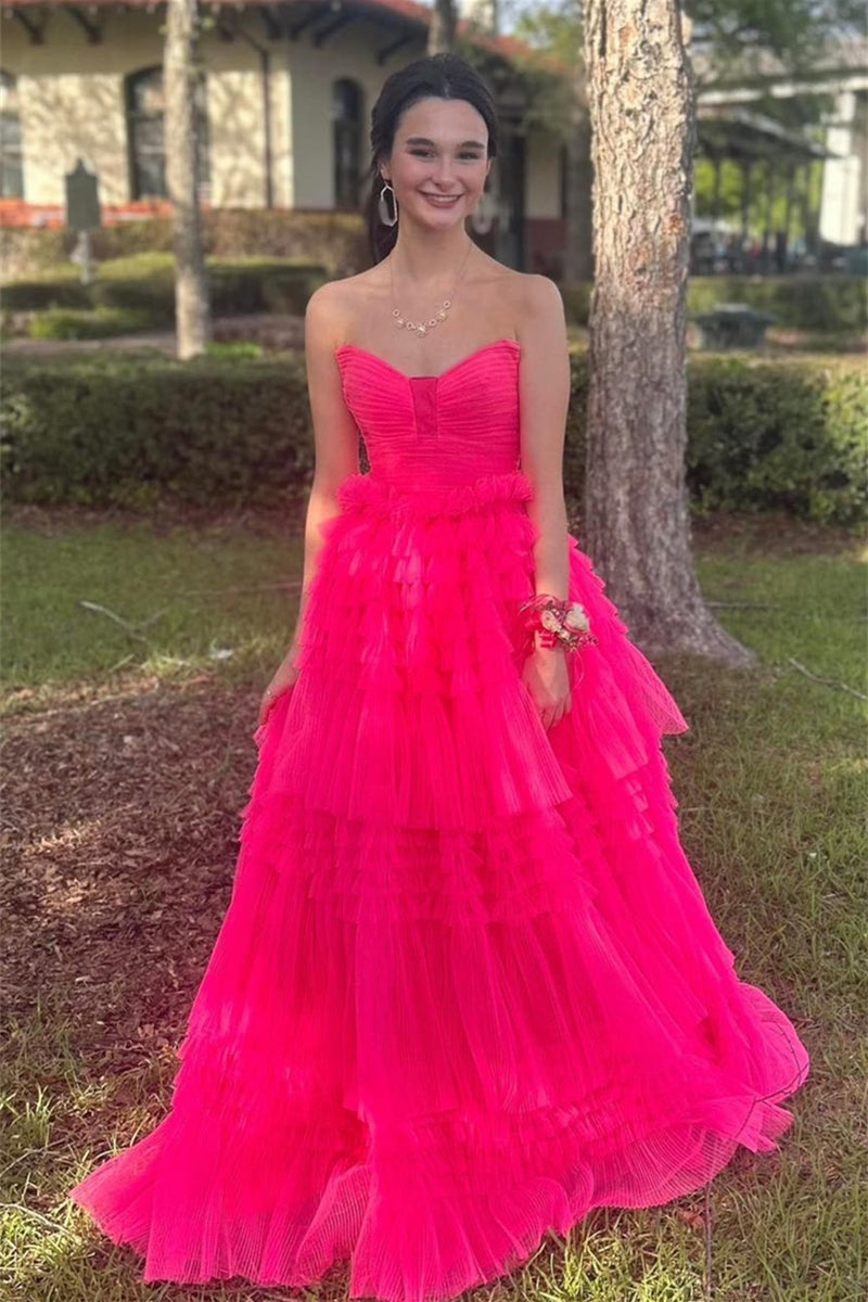 Fuchsia Strapless Pleated Ruffle-Layers Long Prom Dress