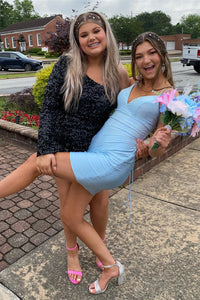 Blue Sheath Lace-Up Deep V Neck Beaded Homecoming Dress