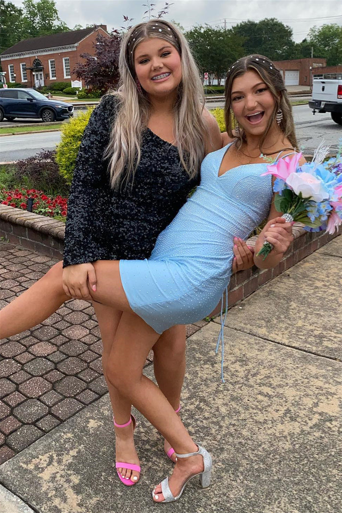 Blue Sheath Lace-Up Deep V Neck Beaded Homecoming Dress