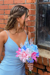 Blue Sheath Lace-Up Deep V Neck Beaded Homecoming Dress