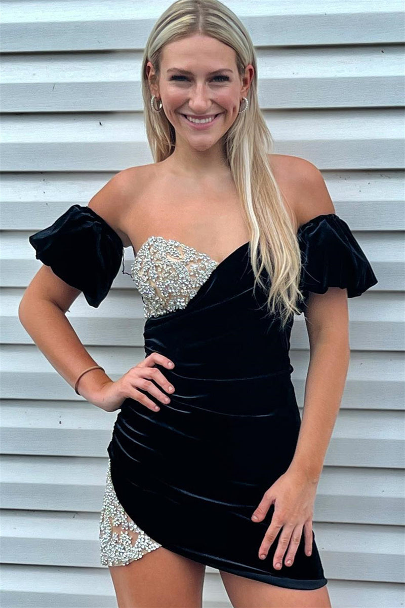 Black Strapless Beaded Velvet Sheath Homecoming Dress with Detachable Sleeves