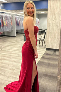 Wine Red Strapless Mermaid Appliques Long Prom Dress with Slit