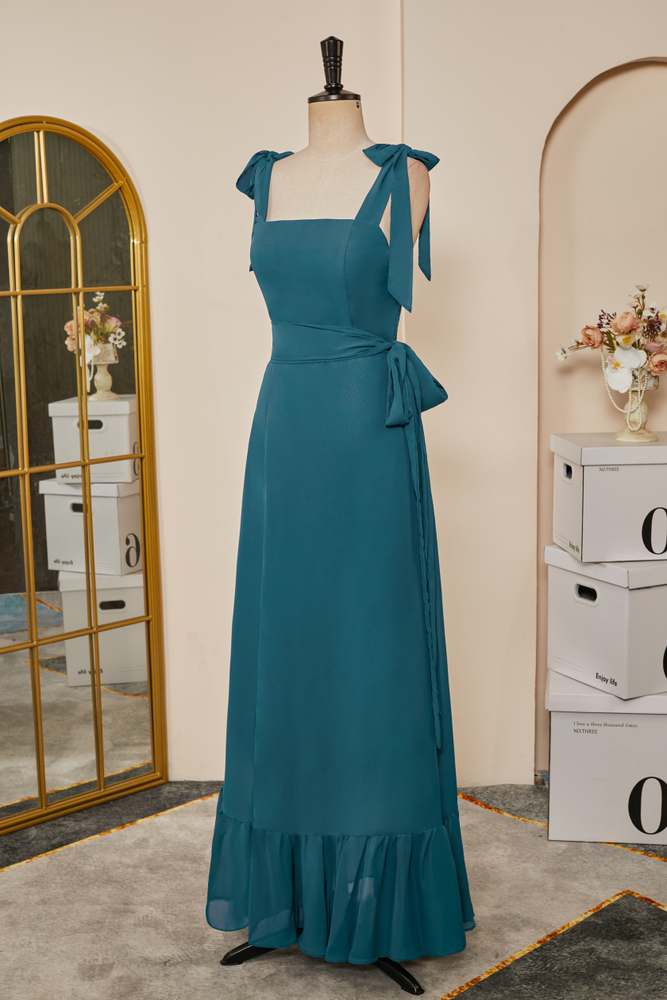 Teal Bow Tie Straps A-line Chiffon Long Bridesmaid Dress with Sash