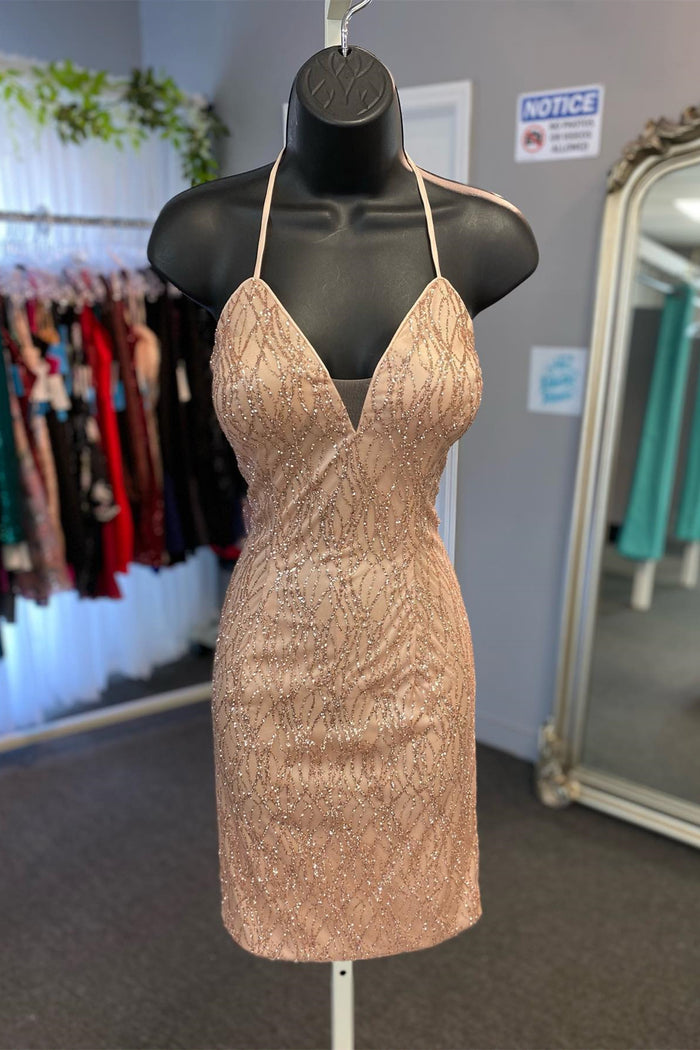 Blush Pink V Neck Straps Beaded Sheath Homecoming Dress