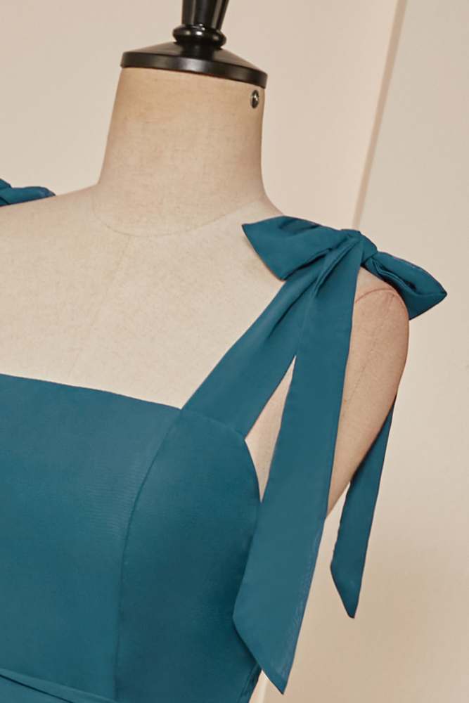 Teal Bow Tie Straps A-line Chiffon Long Bridesmaid Dress with Sash