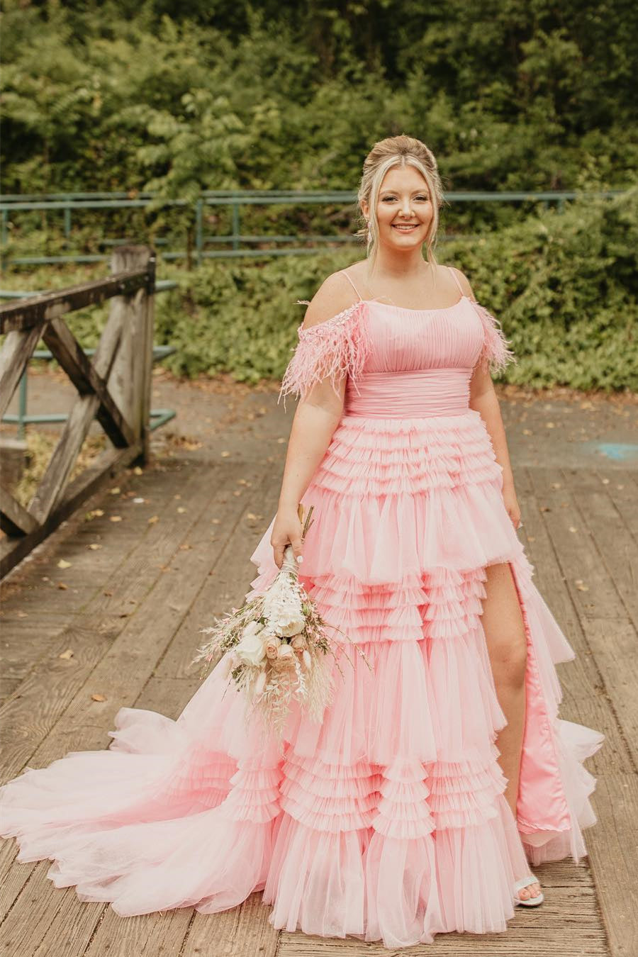 Pink Off-the-Shoulder Feathers Multi-Layers Long Prom Dress with Slit